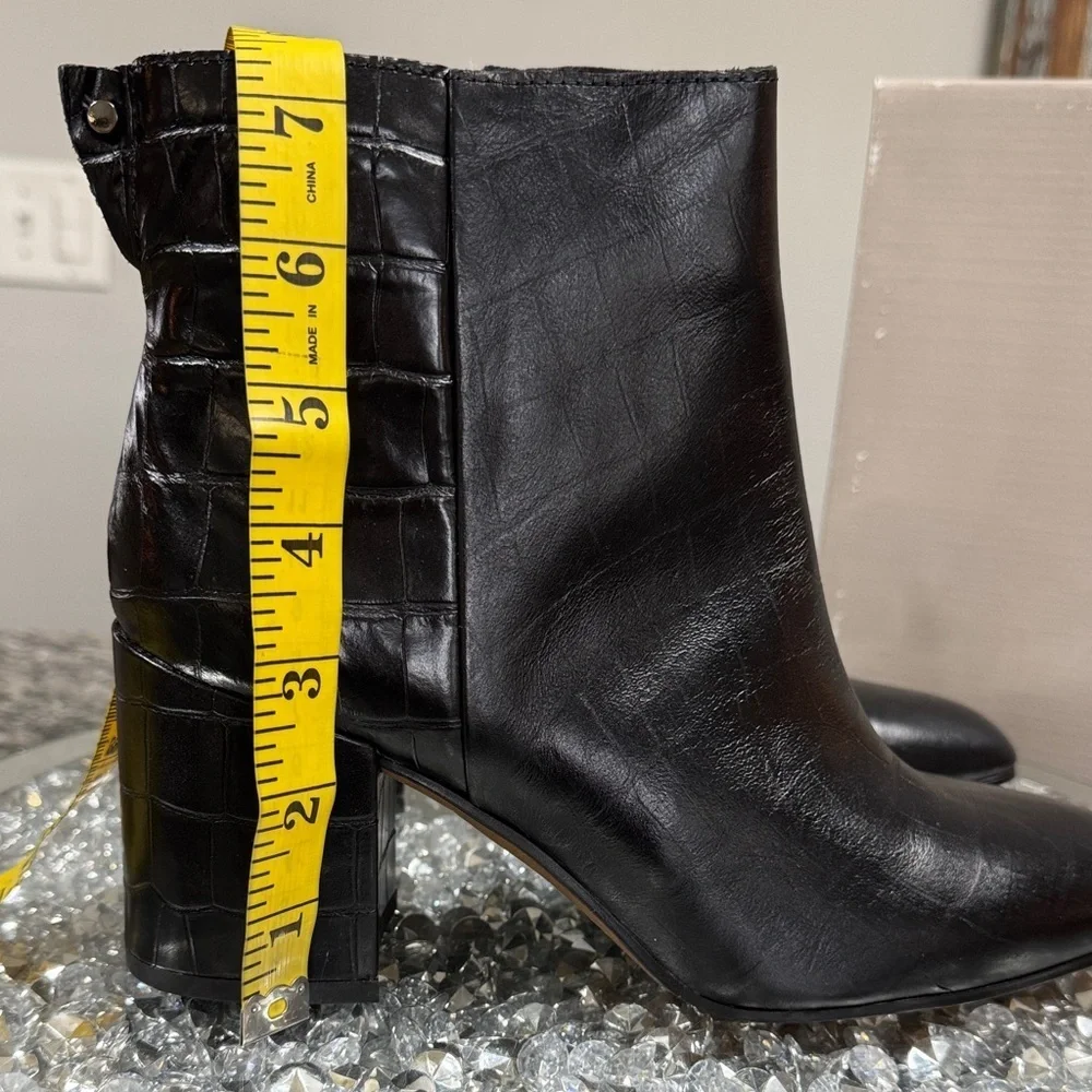 Franco Sarto Black Croc-Textured Leather Block Heel Ankle Boots NEW 8